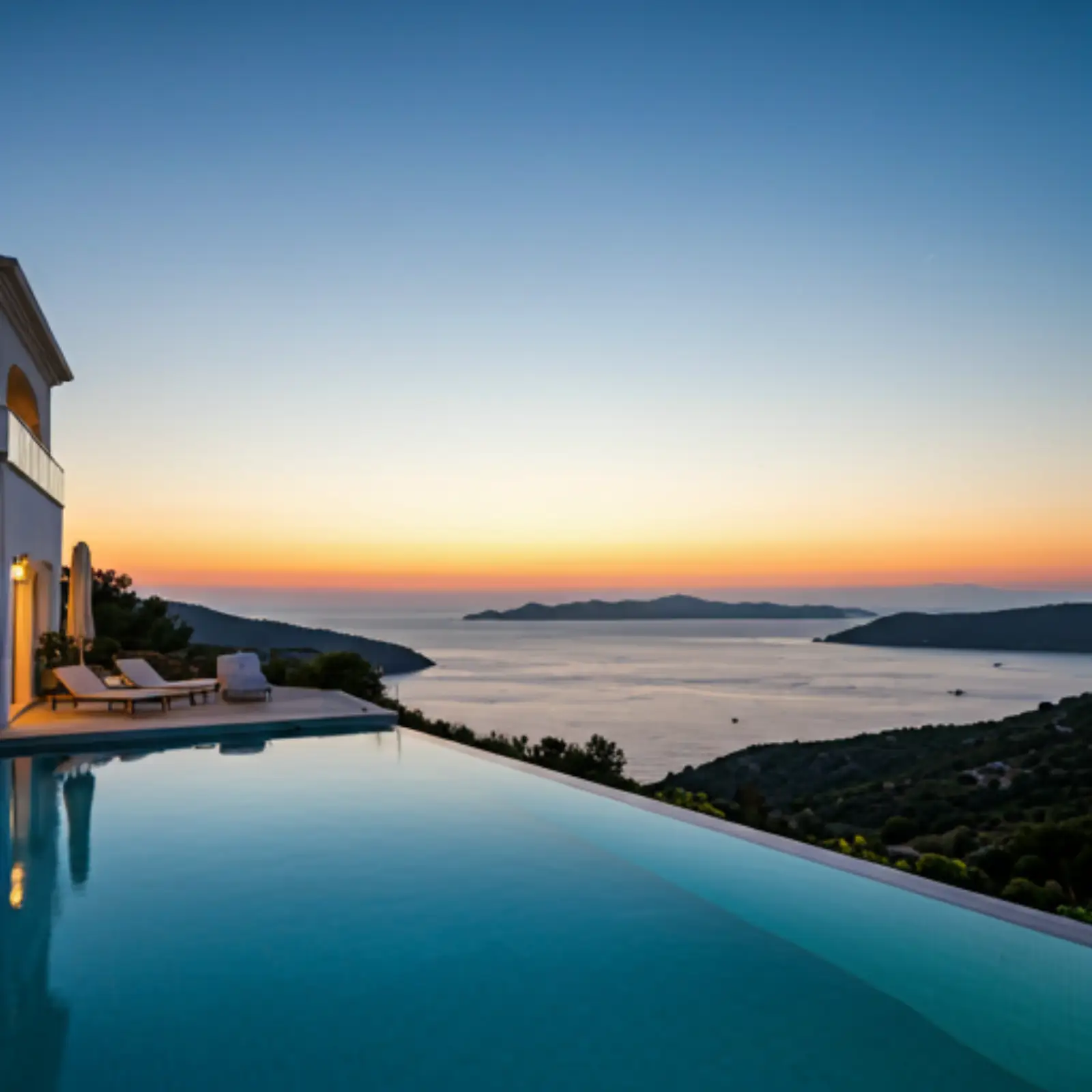 Infinity pool overlooking the sea and distant headlands at sunset