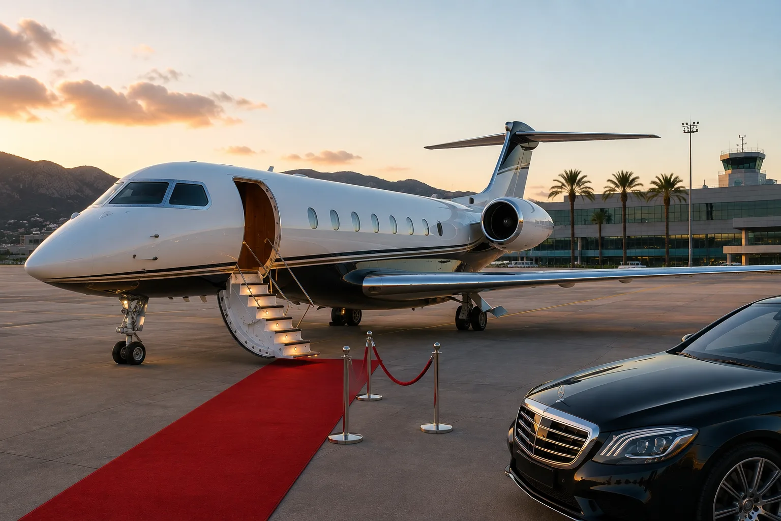 Private jet and chauffeur car on an airport apron
