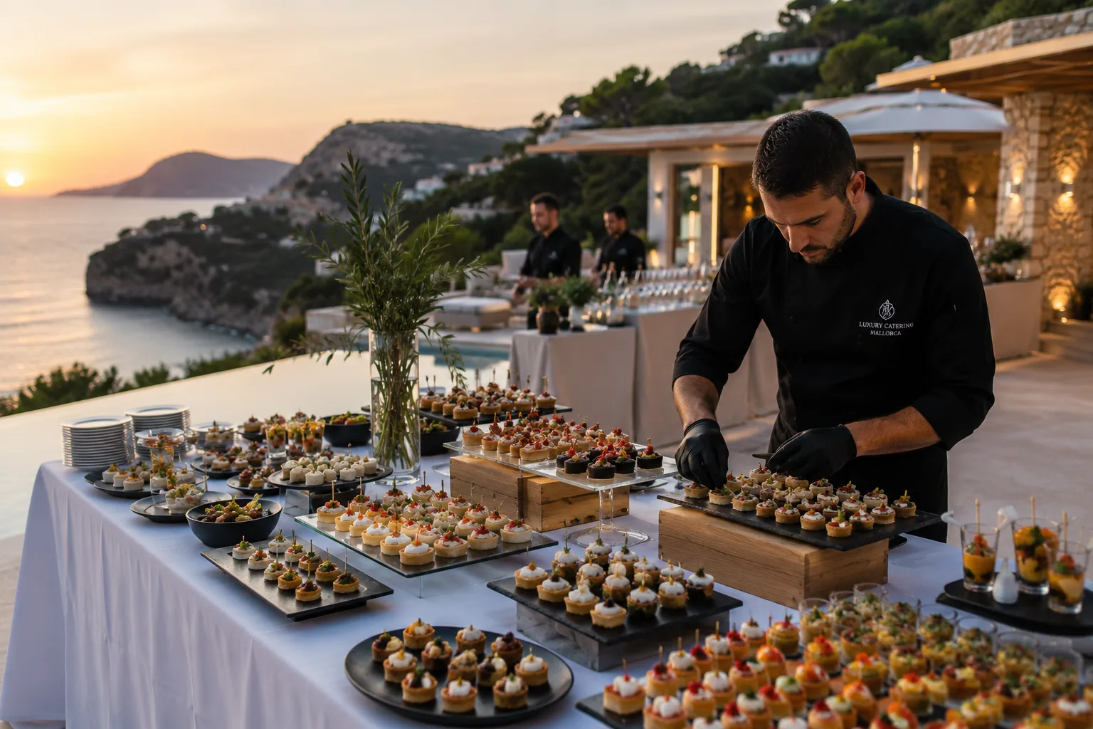 Chef preparing canapés on a coastal terrace