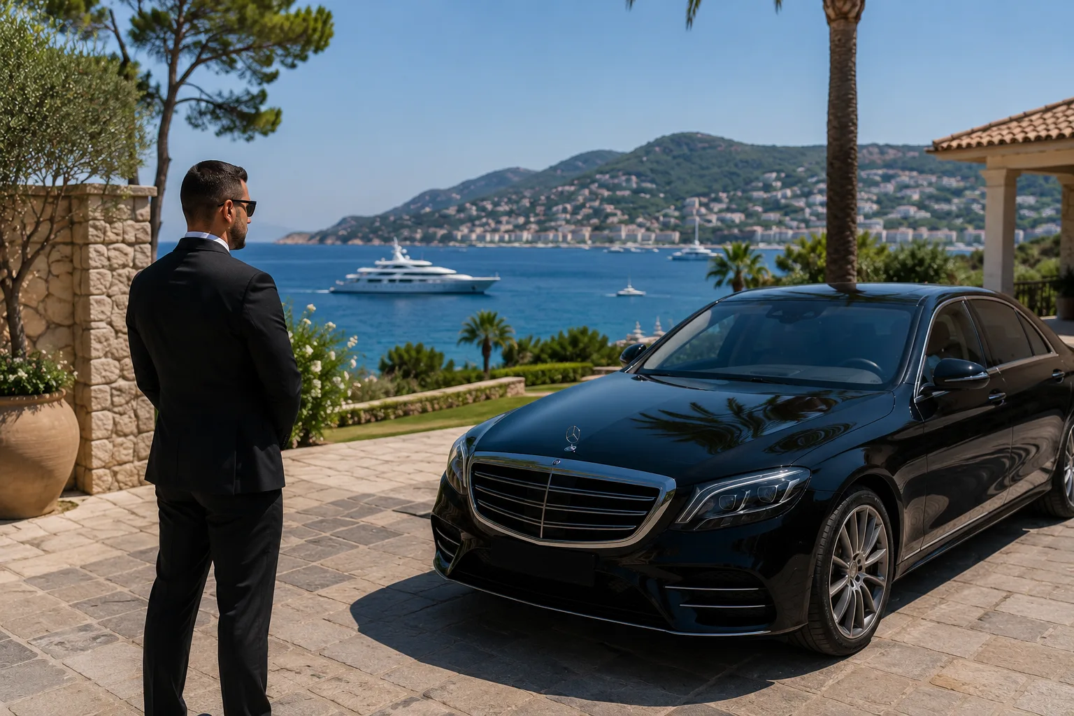 VIP security chauffeur beside luxury vehicle overlooking the Mediterranean coast