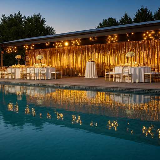 Event tables and warm lighting beside a swimming pool