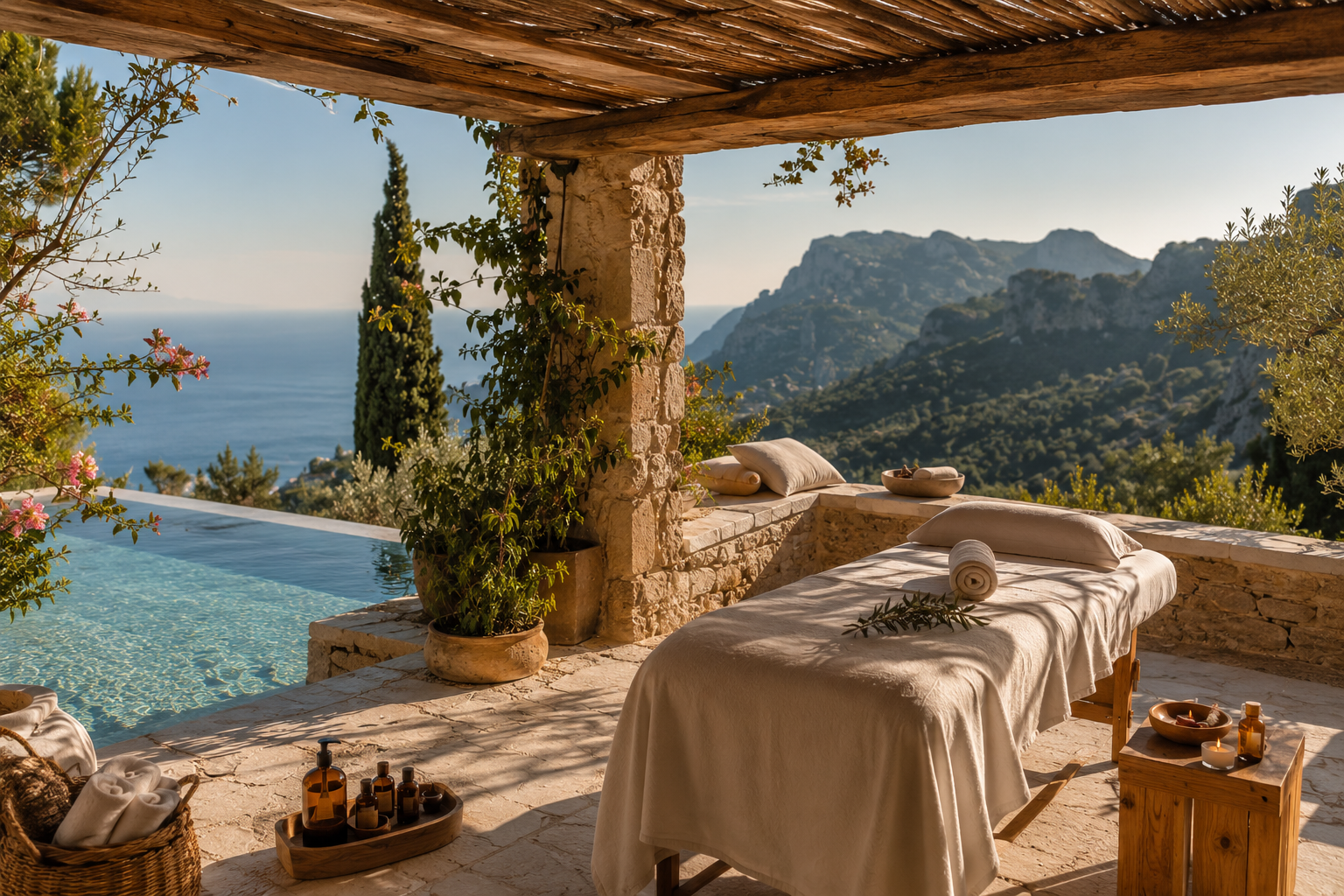Private wellness terrace overlooking the Mediterranean mountains and sea