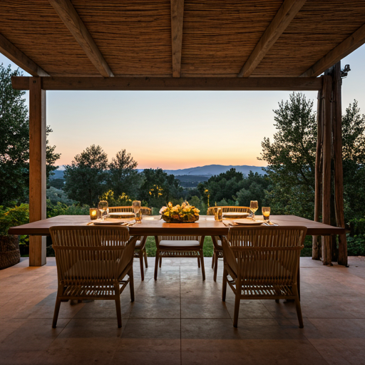 Outdoor dining table overlooking trees at sunset