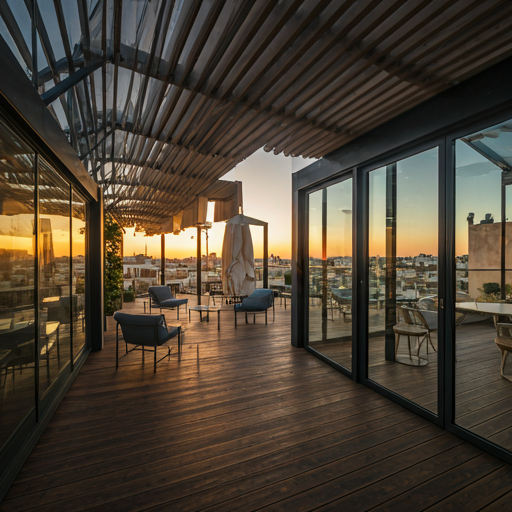 Quiet glazed passage with warm evening light