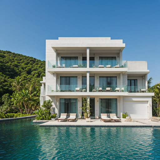Modern white villa with balconies and a swimming pool
