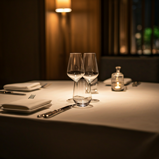 Elegant candlelit fine dining table with wine glasses and place settings