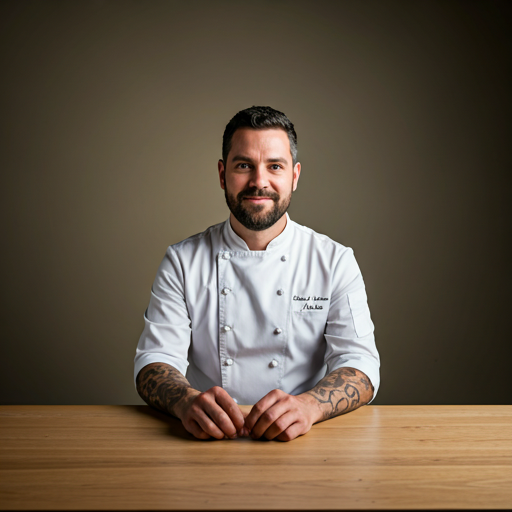 Chef wearing a white jacket and dark apron