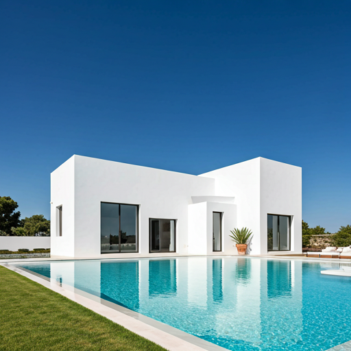 White Mediterranean luxury villa with swimming pool and clear blue sky