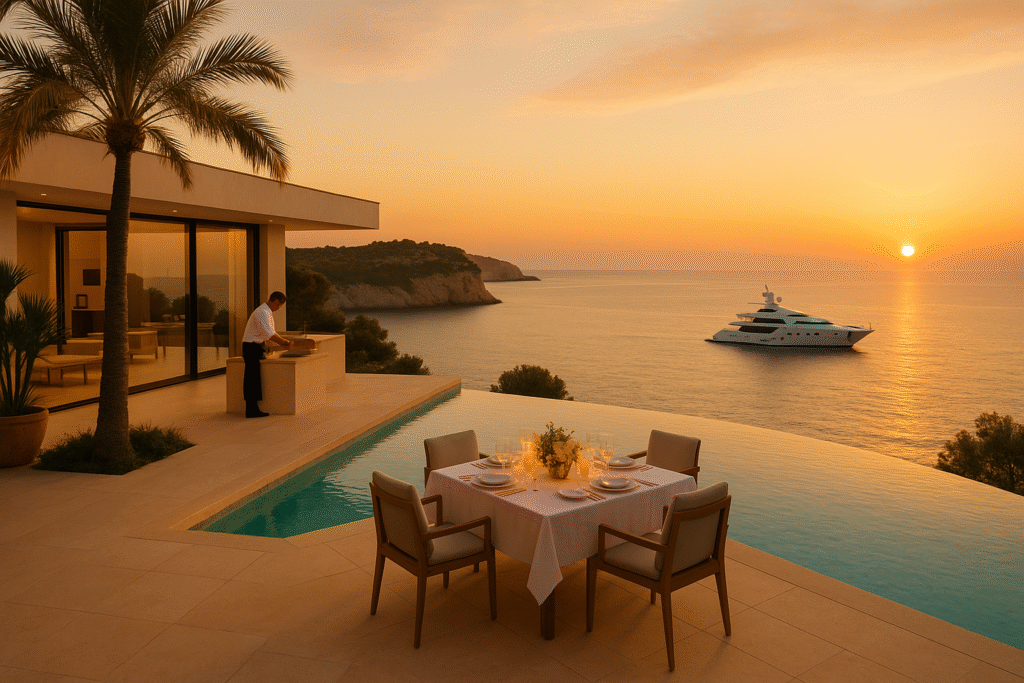 Luxury concierge experience in Mallorca featuring an infinity pool villa at sunset with private dining and a yacht on the sea.