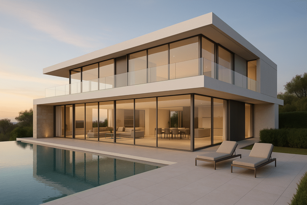 3D architectural render of a modern luxury villa with glass walls and infinity pool in Mallorca