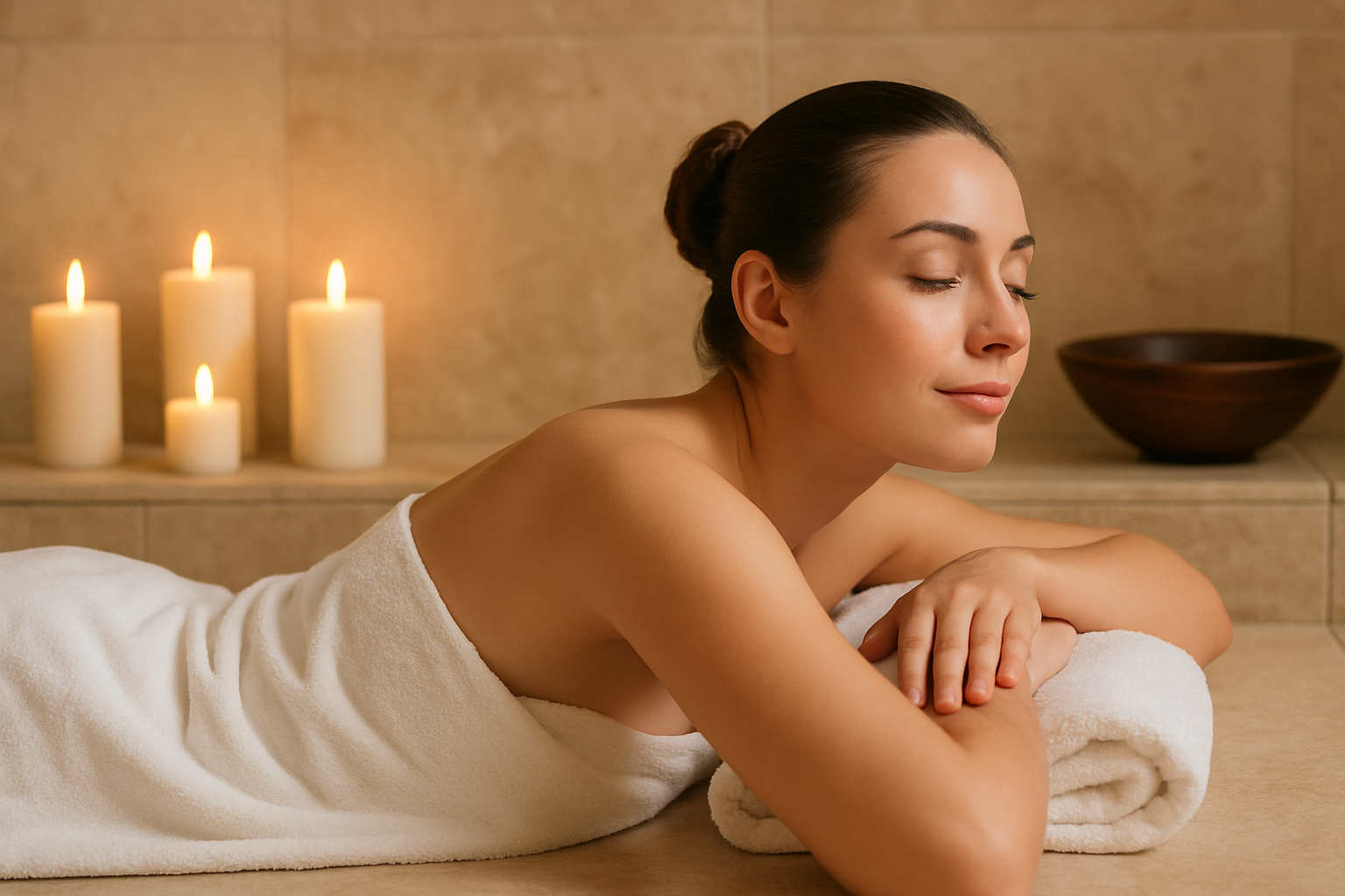Woman relaxing in luxury spa with candles, showcasing Inneluxe health and wellness services